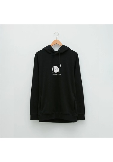 Kızgın Kedi Özel Tasarım Baskılı Kapüşonlu Sweatshirt Siyah
