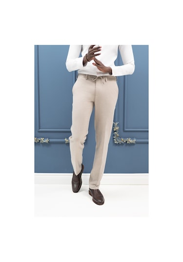 Ecer Regular Fit Beli İplikli Yan Cepli Astarsız Kışlık Kumaş Pantolon Krem