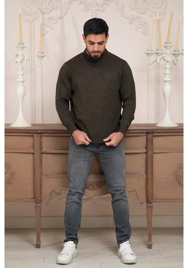 Woolen World Balıkçı Yaka Kalın Yünlü Erkek Triko Kazak Kahverengi