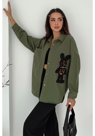 Leopar Ayıcık Armalı Gabardin Kumaş Gömlek Haki Haki