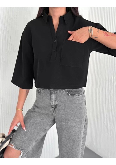 Z Krep Kadın Crop Yakalı Gömlek İlik Düğmeli Üç Çeyrek Sleeve Kol - Siyah Siyah