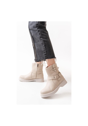 02-2013 Bej Toka Aksesuarlı Fermuarlı Günlük Kadın Bot-bej Bej
