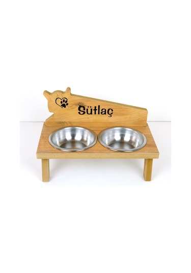 Realwood Özel İsimli Ahşap Kedi Köpek Mama Su Kabı Stantı 800 ML
