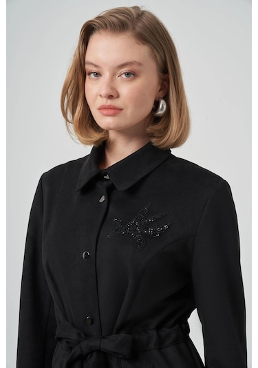 Nuss 6012 Yaka Taş İşlemeli Süvet Kap - Siyah Siyah