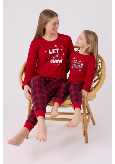 Arnetta 3105 Noel Let İt Snow Kız Çocuk Kırmızı Uzun Kol Pijama Takım Kırmızı