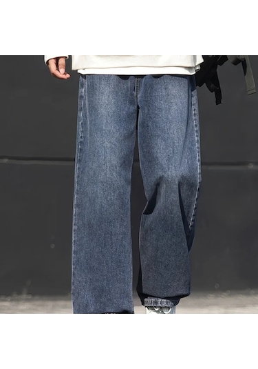 Willowhaven Gri Mavi Xl Erkek Hafif Yıkama Bol Kesim Düz Paça Orta Esnek Bel & Düğme Jeans Gri Mavi