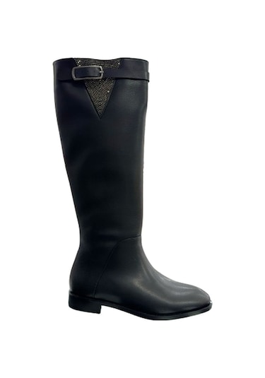 Beyaz Park Moda Lisa Günlük Kadın Dizaltı Çizme Siyah Taşlı Siyah Taşlı