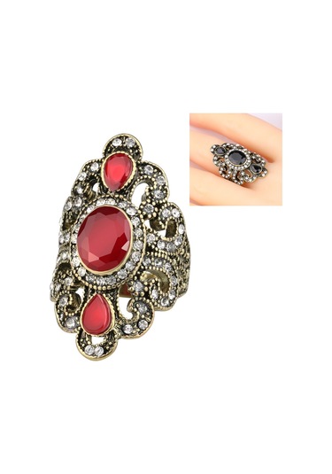 Vintage Ethnic Style Exquisite Carved Inlaid Acrylic Resin Hollow Ring, Ring Size:7 Red Çok Renkli