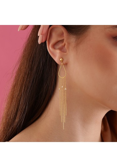Queen Silver Jewelry 925 Ayar Gümüş Damla Tel Zirkon Sallantılı Küpe Altın