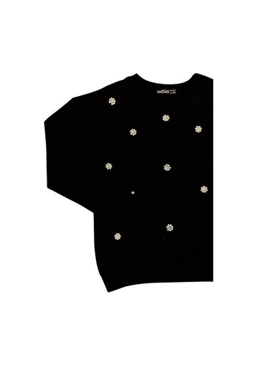 Kız Çocuk Pamuklu İnci İşlemeli İnce Sweatshirt-15007 Siyah