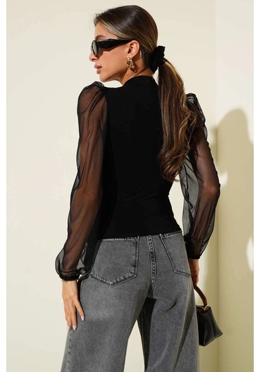 Biçomi Dik Yaka Tül Kollu Bluz Siyah T3066 Siyah