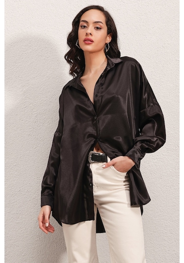 Bigdart 3985 Oversize Saten Gömlek - Siyah 001