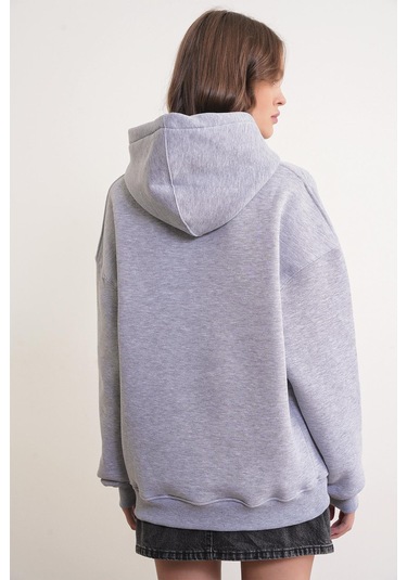 2022 Unisex 3iplik Basic Polarlı Kapüşonlu Sweatshirt Hoodie Gri Gri