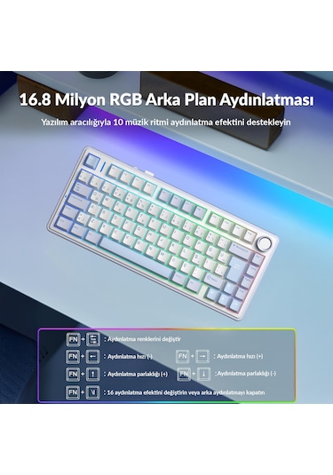 Aula F75 Mekanik Rgb Tkl Graywood V4 Switch Kablosuz Makrolu Hot Swap Türkçe Q Klavye Buz Mavisi