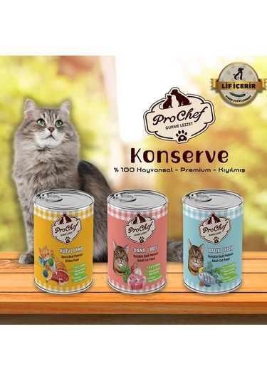 24 Adet Yetişkin Dana Etli Kıyılmış Kedi Maması 415 Gr 24'lü Pro Chef Konserve Yaş Mama
