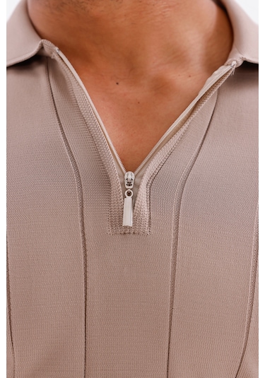 Monox Erkek Yarım Fermuarlı Polo Yaka Triko Kazak Taş