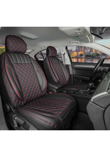 Dacia Sandero 2022 Lüx Yarı Deri Oto Koltuk Kılıfı Ön Arka Takım İstanbul Serisi Siyah Kırmızı