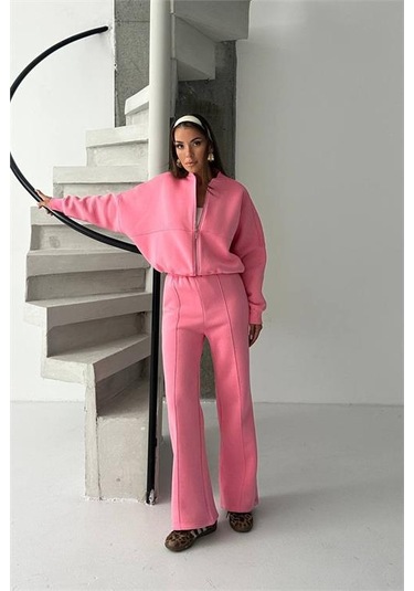 Neşeli Butik Kadın 3 İplik Şardonlu Oversize Eşofman Takımı Nbg105 Pembe