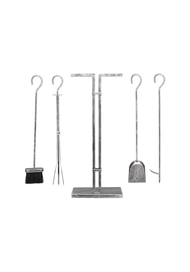 5 Li Lüx Ithal Antik Gümüş Patinalı Şömine - Soba Maşa Takımı Aksesuar Seti