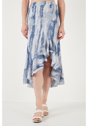 Lela Regular Fit Desenli Yüksek Bel Volanlı Midi Boy Yırtmaçlı Bayan Etek 5869013 Indigo