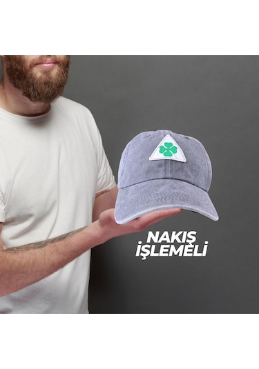 Perlotus Vintage Yıkamalı Pamuk Şapka Dört Yapraklı Yonca Nakışlı Gri Gri