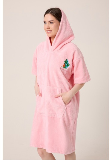 Palmiye Sörf Nakışlı Yetişkin Sörf Yazlık Panço Kapüşonlu Plaj Havlusu Pudra Pudra