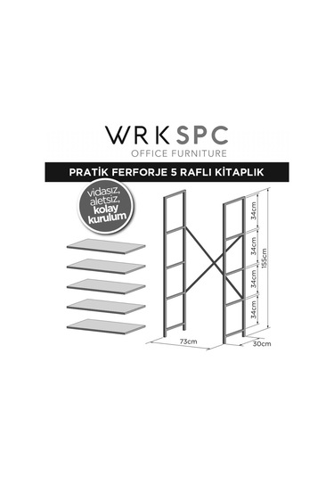 Agkyerkaplamaları Wrkspc Vidasız Kolay Kurulum 5 Raflı Kitaplık