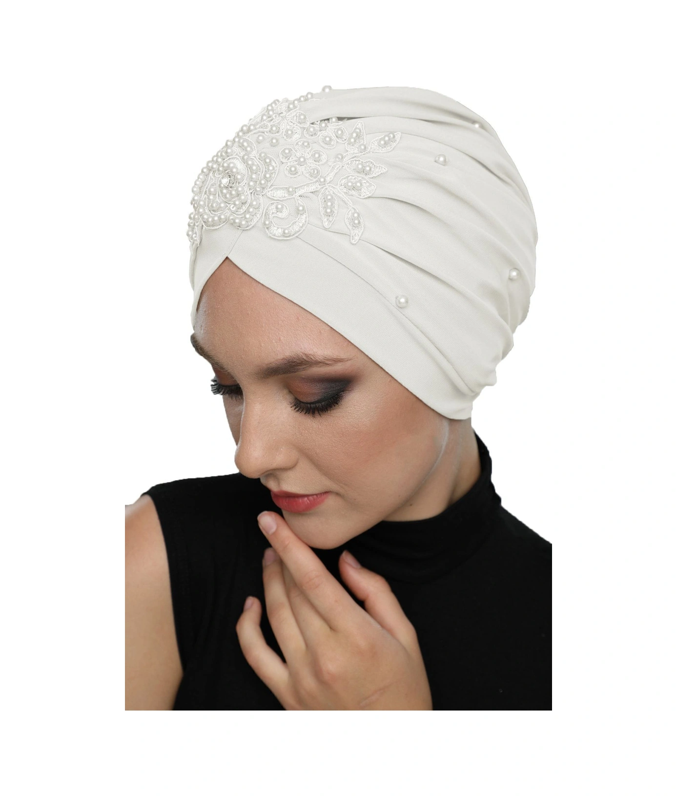 Kopma Astarlı Işlemeli Krem Gül Motifli Hazır Türban Tesettür Abiye Bone Krem Gül