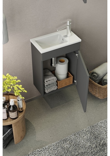 Biani Fix Loft Mini 42 Cm Banyo Dolabı,Seramik Lavabolu, Aynalı,Lavabo Dahil,Mdf,Mat Gri Biani Fix Loft Mini 42 Cm Banyo Dolabı,Seramik Lavabolu, Aynalı,Lavabo Dahil,Mdf,Mat Gri