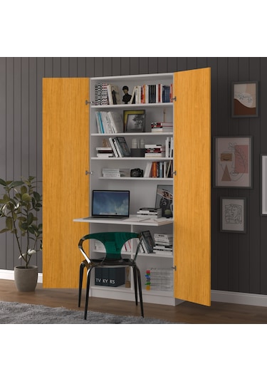 Afrika Ceviz-beyaz Modern Dolaplı Kitaplıklı Çalışma Masası