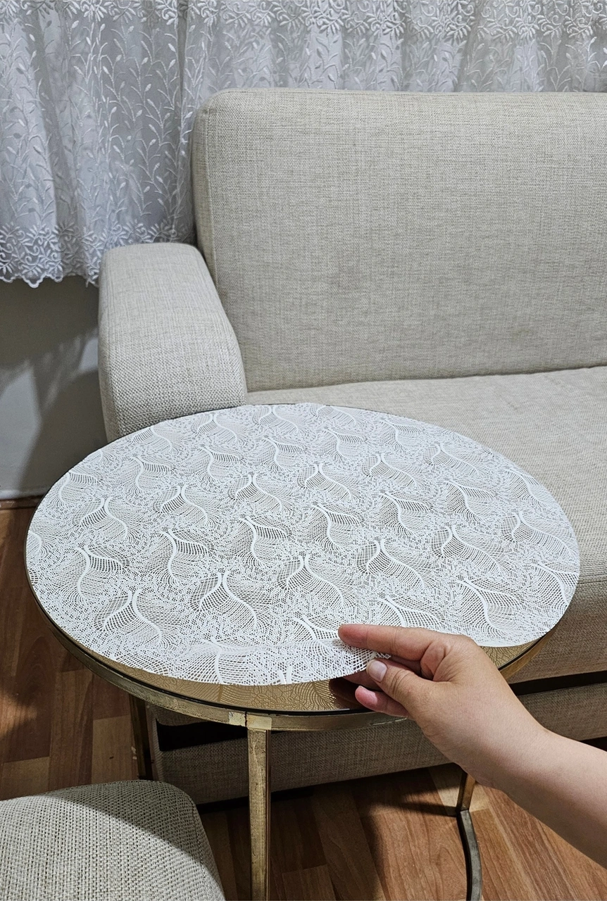 Rona Home Yuvarlak Orta Sehpa Masa Örtüsü Hasır Lüks Pvc Silinebilir, Çiçek Desenli, Şeffaf Bej Krem