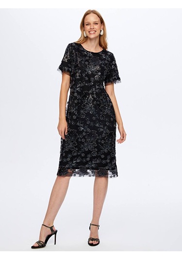Boncuk Ve Payet İşli Çiçek Desenli Kısa Kollu Abiye Elbise W26aby008 Uw26aby00810 Siyah