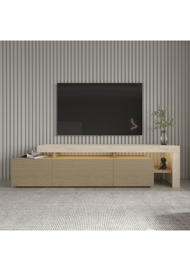 Beliz Modern Led Işıklı 3 Kapaklı, Raflı Tv Sehpası 192 Cm Traverten/sıcak Meşe