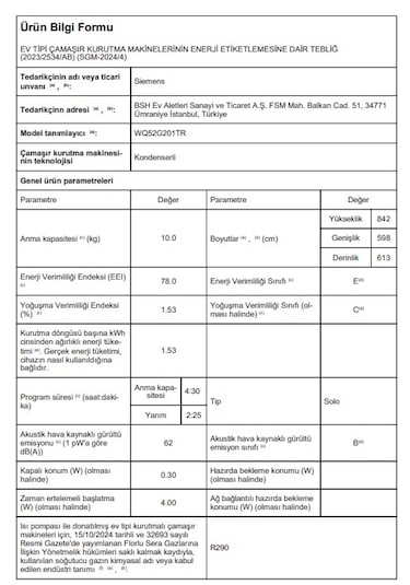 Siemens iQ300 WQ52G201TR 10 KG Isı Pompalı Çamaşır Kurutma Makinesi