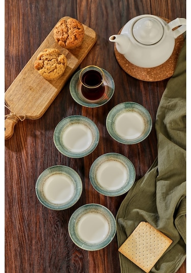 Cooker 6'lı Desenli Porselen Çay Tabağı Yeşil