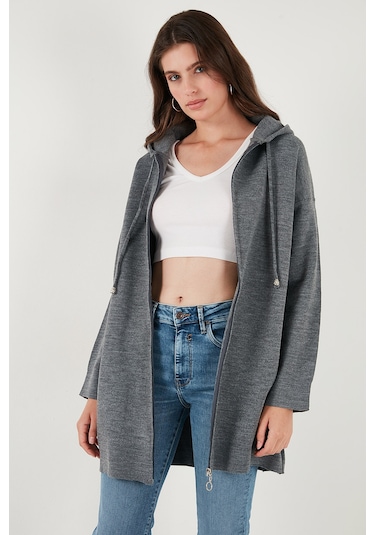 Lela Modest Regular Fit Kapüşonlu Tesettür Triko Bayan Hırka 4616176 Antrasit