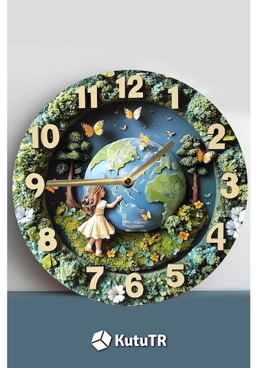 Doğa Ve Dünya Temalı Mdf Duvar Saati 3d Görünümlü, Sessiz Mekanizmalı, 2d Hd Baskı Sdw240 Renkli