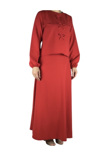 Kadın Spor Önden Kurdela Modelli Kolağzı Lastikli Etek Yandan Fermuarlı Etek Mevlana Model İkili Takım Kırmızı