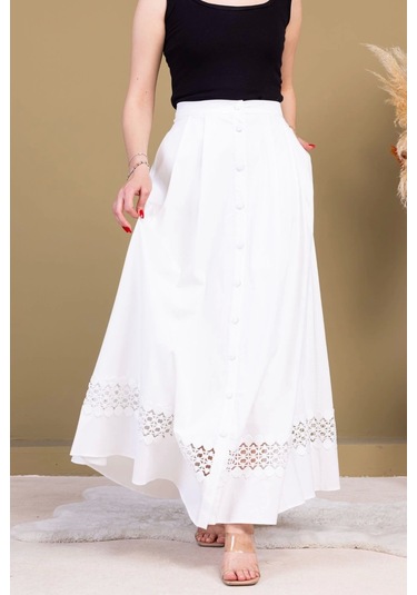 Dantel Detaylı Pileli Pamuk Etek 6025-beyaz Beyaz