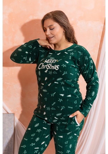 Nisanca Büyük Beden Peluş Polar Pijama Takımı- Kışlık Büyük Beden Kadın Pijama Haki