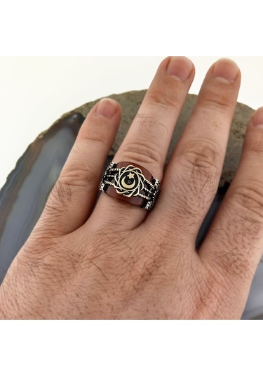 Fkgümüş Akik Taşlı Ay Yıldız Erkek Yüzük