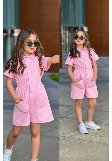 Miniğimin Cicileri Kalp Cepli Kot Şortlu Kız Çocuk Tulum - Pembe