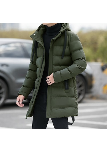 Orta Kalınlık Kışlık Rahat Ve Hafif Pamuklu Kapüşonlu Moda Erkek Mont Yeşil