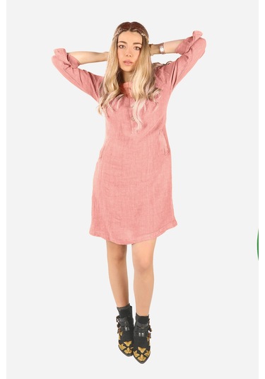 Keten Midi Elbise Pembe