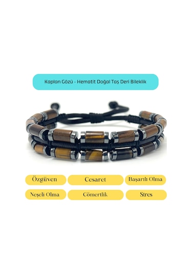 Sertifikalı Kaplan Gözü Ve Hematit Makrome Doğal Taş Deri Erkek Bileklik Kahverengi