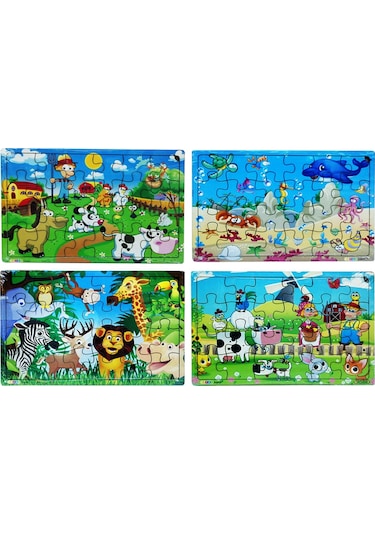 Yeni 4 Adet 24 Parçalı Ahşap Puzzle Yapboz Seti. Çiftliğim. Okya