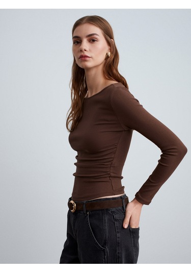 31401 Büzgülü Kayık Yaka Top-açık Kahve Açık Kahve