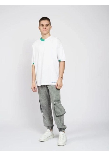 Marions Çocuk Basic Yaka Detaylı Oversize T-shirt-15955 Beyaz