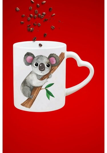 Cute Koala Baskılı Hediye Kalp Kupa Bardak Porselen Çay Kahve Fincanı Beyaz