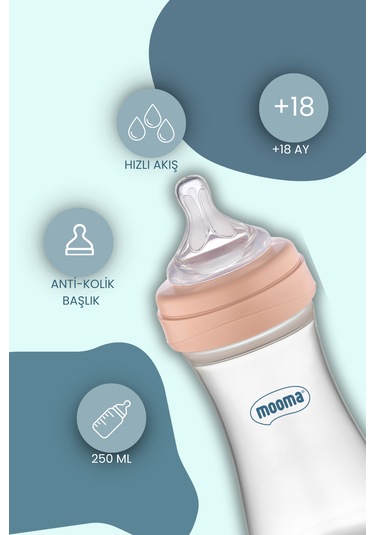 Mooma Kindy Antikolik Pp Biberon 250 Ml 18 Ay Hızlı Akış - Old Rose